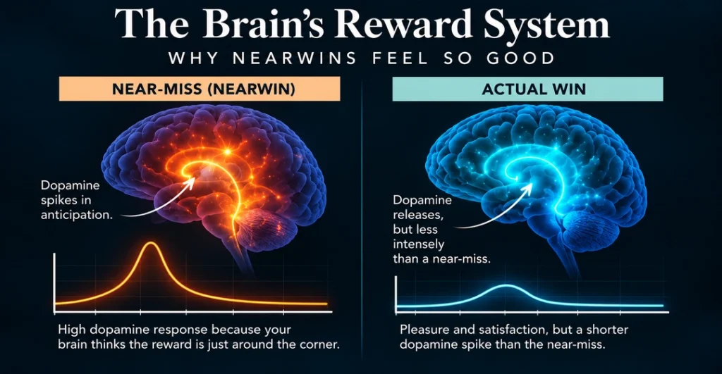 Chart depicting the near-miss neurochemistry loop keeping entrepreneurs stuck at the same revenue ceiling year after year