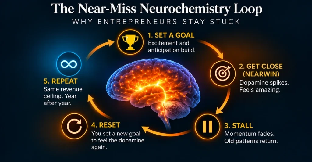 Brain reward system illustration showing dopamine response during a near-miss versus an actual business win